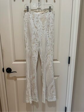 Ivory Lace Sequin Boot-Cut Pants with Sheer Floral Panels size Medium